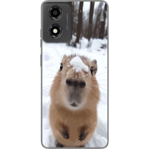Kompatibelt Mobilskal till Motorola Moto E14 Kapybara närbild i snöig skog med snö på nosen