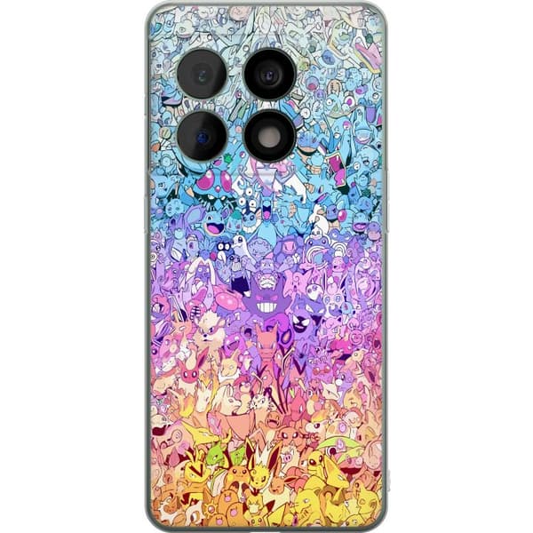 Kompatibelt Mobildeksel til OnePlus 10 Pro Tett illustrert motiv med mange fantasivesener i en fargeskala fra kjølig blått og lilla til varmt gult og