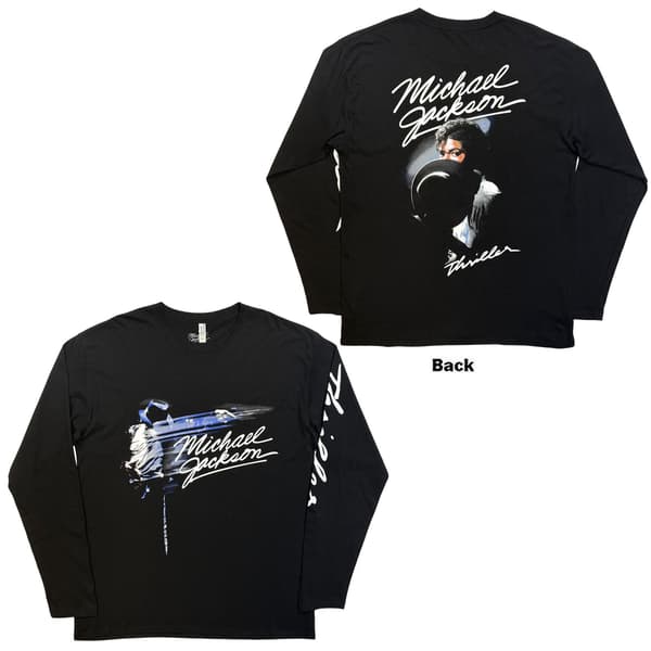 Michael Jackson Unisex Long Sleeve T-Shirt: Thriller / Hat Poses (Black) (Back Print) (Small)