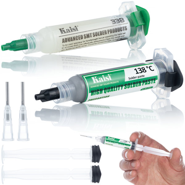 Lödset Flux 338 + Flytande Tenn 138°C – Hög precision och enkel applicering | 2 sprutor, 2 nålar | Idealisk för GSM och BGA-arbete