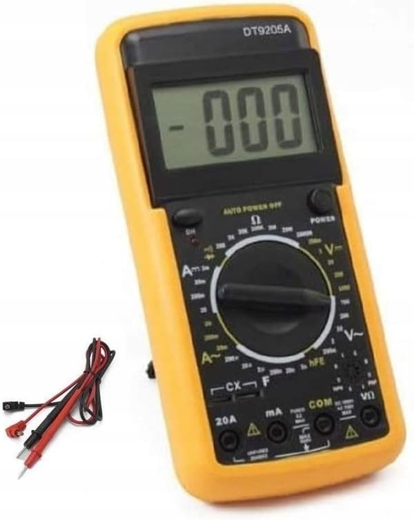 Digital Multimeter DT9205A – LCD-Display | Gummibeskyttelse | Ledninger Inkluderet | Maaler DC/AC, Modstand, Kapacitet