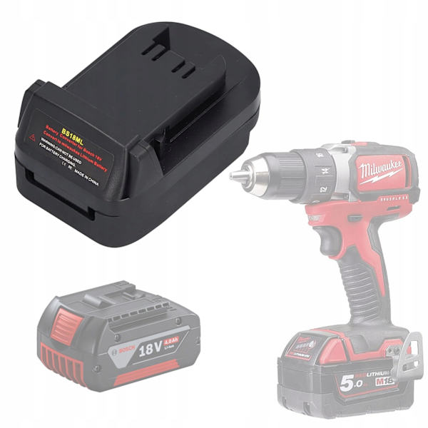 Batteriadapter Bosch 18V till Milwaukee 18V BS18ML – USB-utgång 5V 2.1A | ABS+PC | Kompatibel med Bosch BPS18M, Milwaukee 48-11-1811
