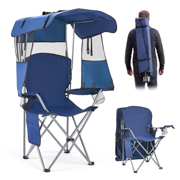 Campingstol med tak - Hopfällbar strandstol - Maxbelastning 150 kg - Två mugghållare - Tidnings-/förvaringsficka - Transportväska ingår - Mörkblå
