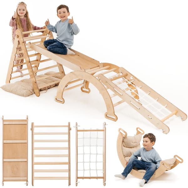 Goodevas Montessori Klättertriangelset, Inomhuslekplats i Trä med Triangelstege, Båge, Ramp & Nät, 1-5 År, Beige