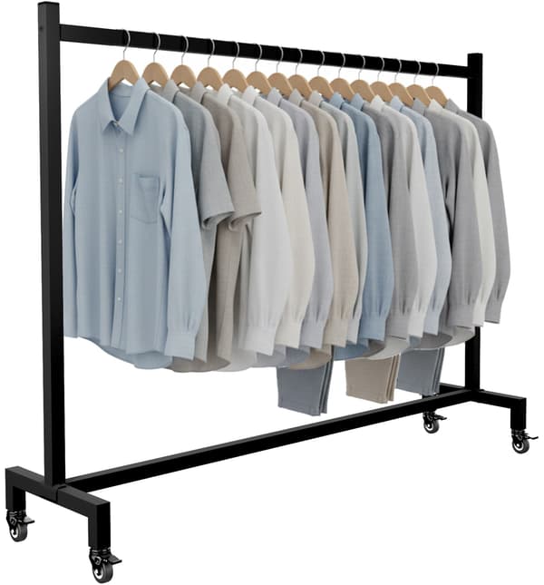Kladstallning pa hjul Gisborne med stal-gummihjul, smal kladstallning for hall, sovrum, kladkammare och butik, flyttbar