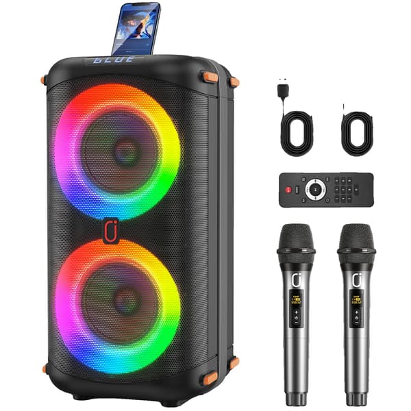 Karaoke-maskin med dubbla 6,5” högtalare, 10 000mAh batteri, Bluetooth 5.3, upp till 24 timmars speltid, integrerat bärhandtag
