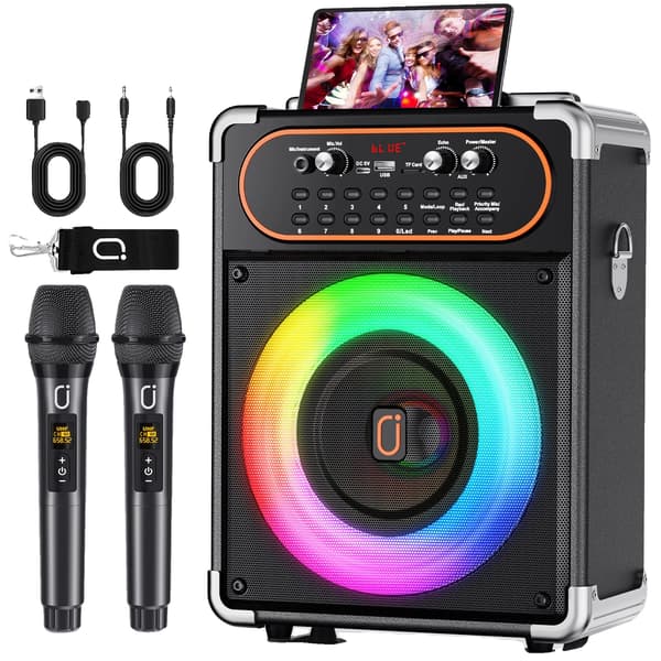 Karaoke-maskin, 6,5-tums woofer, 40 watts uteffekt, 10 x 5,5 x 13,3 tum, två trådlösa mikrofoner, Bluetooth-anslutning