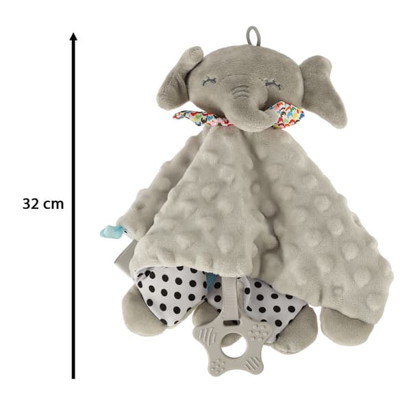 Nusseklud elefant med bidering og rangle, polyester/silikone 0+
