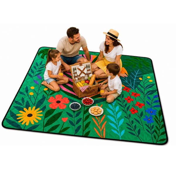 Picnictæppe 100 x 150 cm blomsterprint, foldbart med bærestrop
