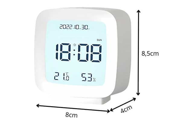 Digital väckarklocka LCD med datum temp luftfuktighet vit 8x8,5 cm