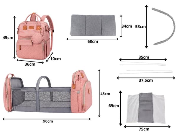 Pusletaske/rygsæk med udklappelig babyseng USB rosa polyester