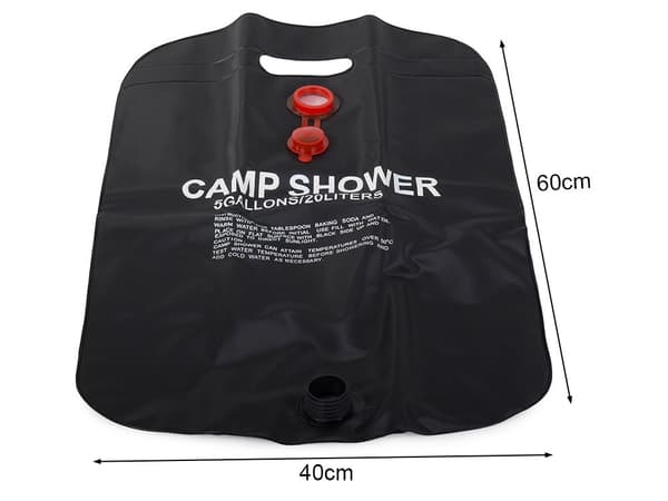 Solbruser campingbruser 20 L PVC sort med termometer og slange