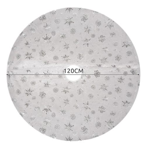 Juletræstæppe 120 cm hvid/sølv polyester med stjerner & snefnug