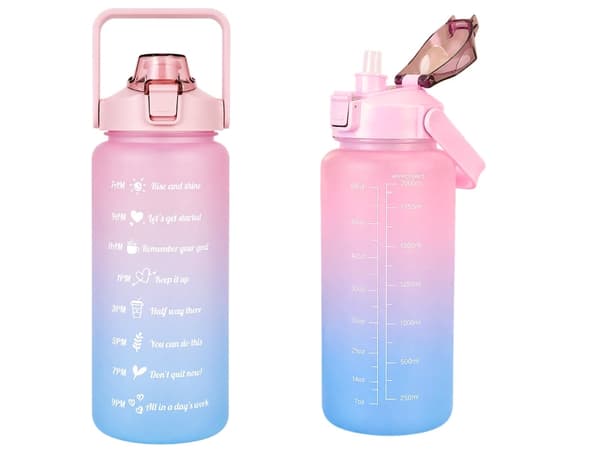 Vattenflaska 2 liter med sugrör och måttskala rosa/blå