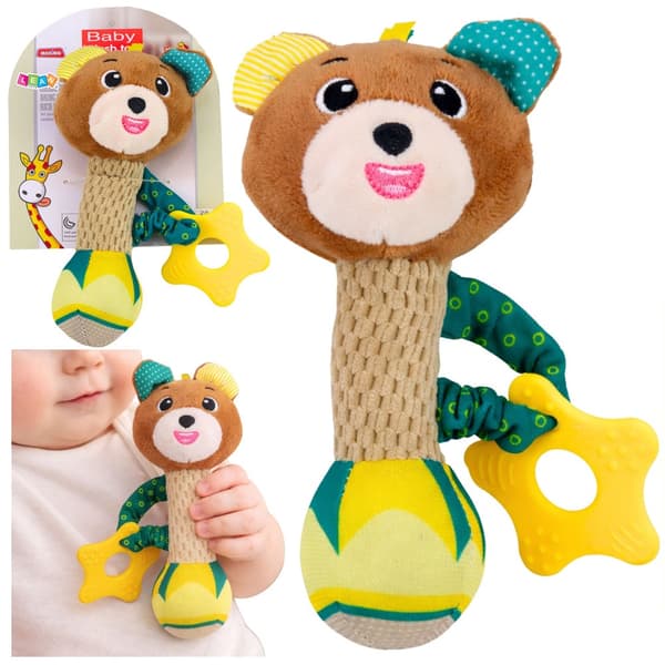 Blød bamse-rangle med bidering, rasle og pipelyd 17 cm