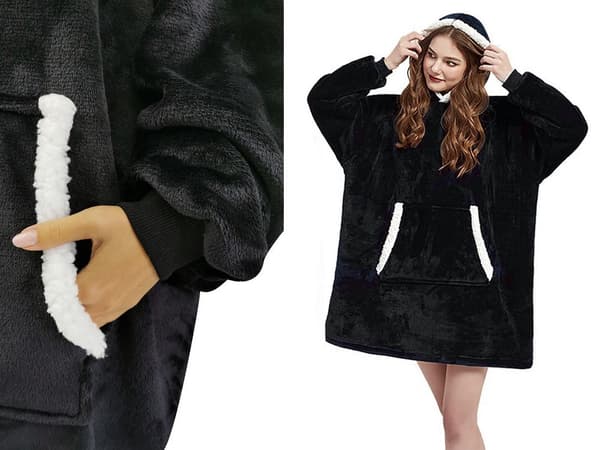 Fleecetröja med huva teddyfoder svart one size oversize XXL