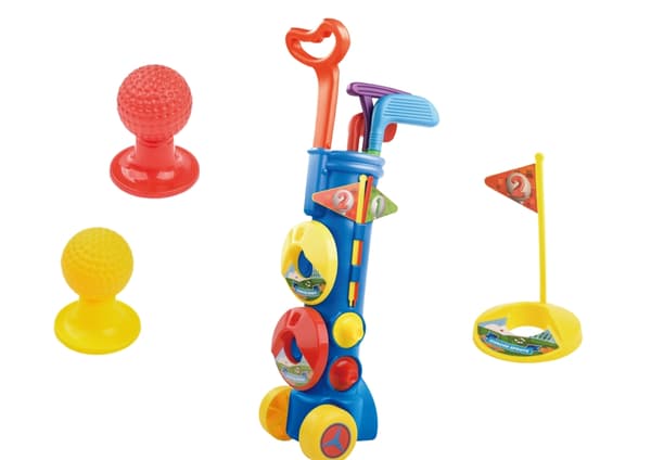Mini golfset til børn med golfvogn, 3 køller, 5 bolde, 2 huller