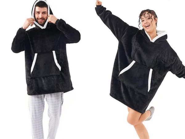 Fleecetröja med huva teddyfoder svart one size oversize XXL