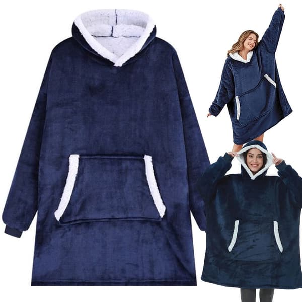 Filttröja med huva teddyfoder one size unisex navy blue