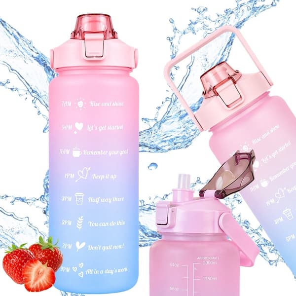 Vattenflaska 2 liter med sugrör och måttskala rosa/blå
