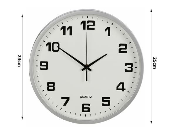 Väggklocka tyst gång Ø25 cm silver arabiska siffror