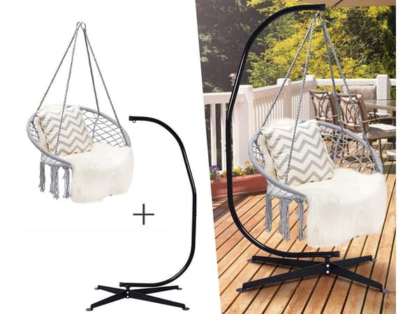 Hängande fåtölj hängstol boho grå max 120 kg sittbredd 60 cm