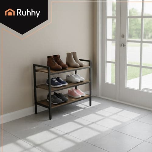 Skohylde 3 plan loftstil metal/MDF sort 79x30x58,5 cm