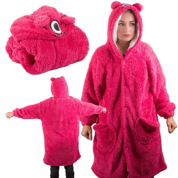 Sweatshirt-tæppe oversize med hætte og knapper 100% bomuld mørkrosa