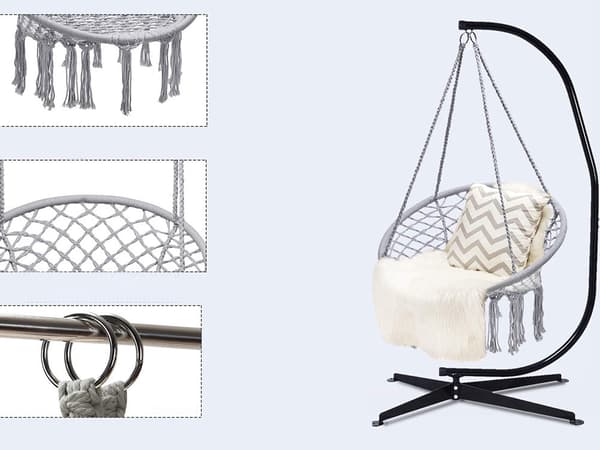 Hängande fåtölj hängstol boho grå max 120 kg sittbredd 60 cm