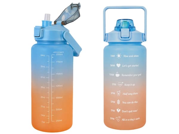 Vattenflaska 2 liter med sugrör och måttskala blå/orange