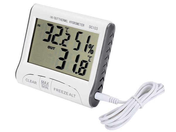 Väderstation termometer/hygrometer med extern sensor, inne/ute, vit