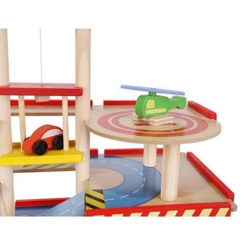 Trægarage legetøj 4 niveauer med elevator, 4 biler & helikopter 40x50,5cm