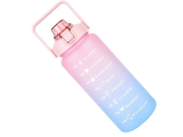 Vattenflaska 2 liter med sugrör och måttskala rosa/blå