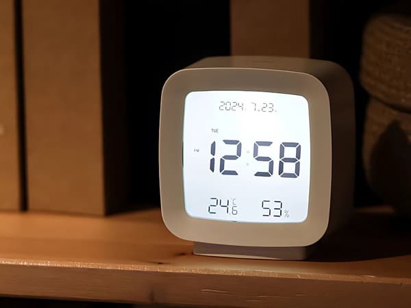 Digital väckarklocka LCD med datum temp luftfuktighet vit 8x8,5 cm