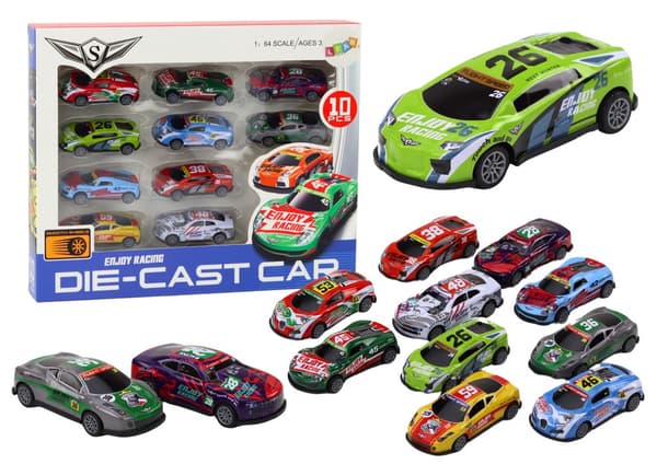 Leksaksbilar pull-back 10-pack 1:64 racingbilar 8 cm, 3+ år