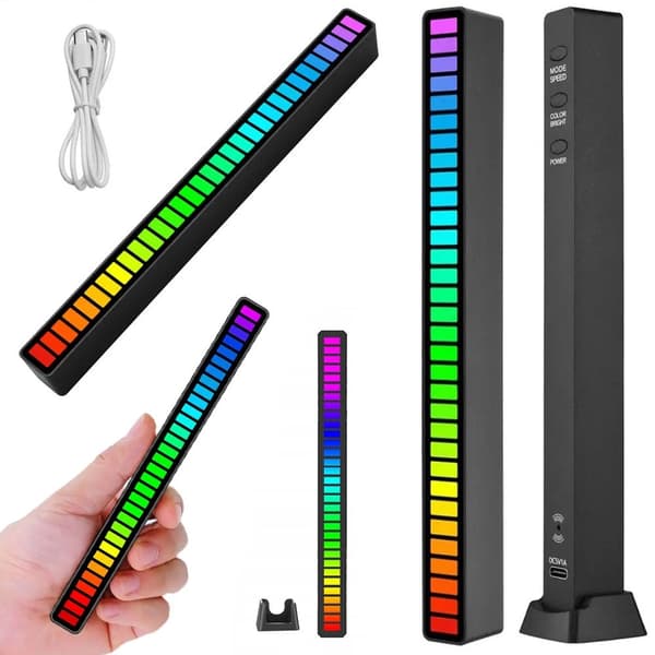 USB RGB LED-lysramp 32 LED 18 tilstande med batteri og mikrofon sort