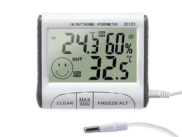 Väderstation termometer/hygrometer med extern sensor, inne/ute, vit