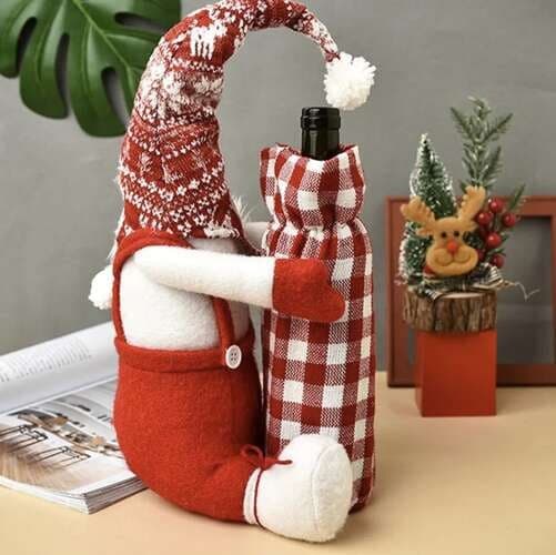 Julälva flaskpåse för vinflaska 55 cm röd/vit polyester