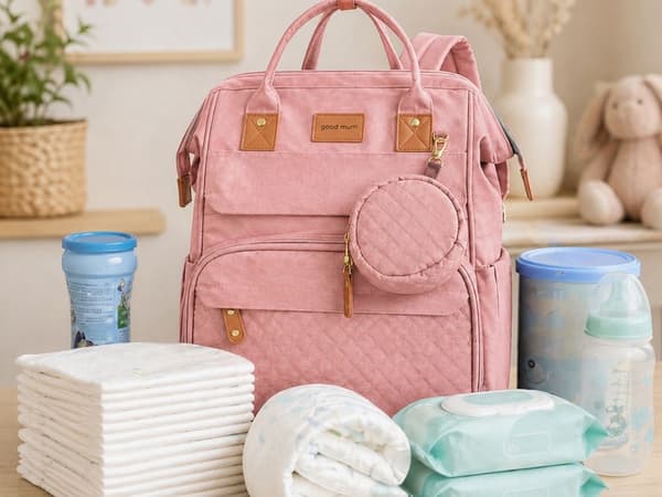 Pusletaske/rygsæk med udklappelig babyseng USB rosa polyester