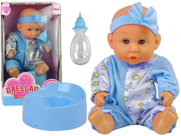 Vauvanukke 24 cm pullolla ja potalla, sininen pyjama, 3+ vuotta