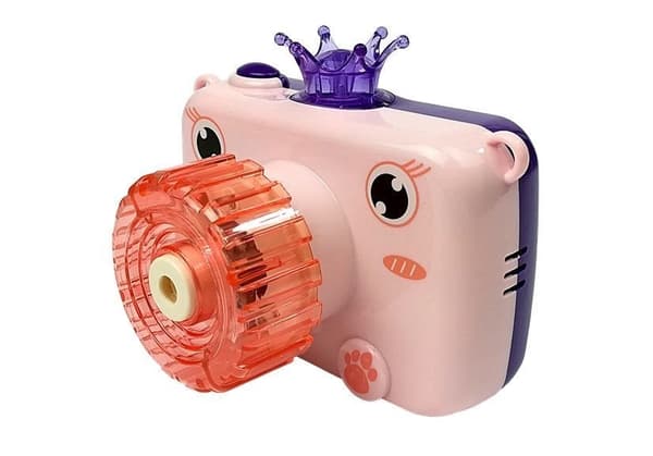 Boblekamera legetøj rosa med lys/lyd, rem og 2 boblevæsker