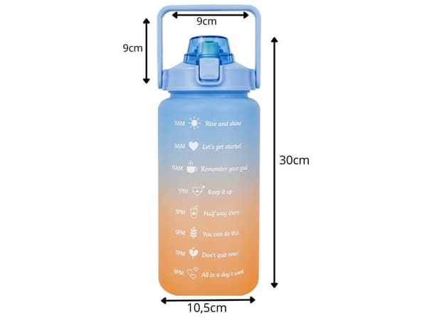 Vattenflaska 2 liter med sugrör och måttskala blå/orange