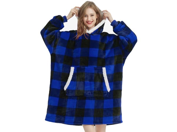 Fleece-hyggetrøje med hætte, blå ternet, one size oversize