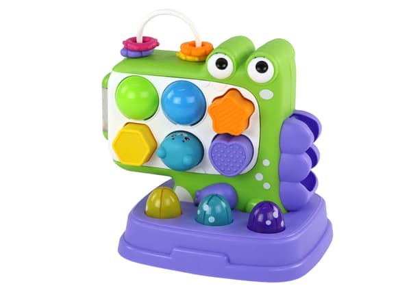 Dinosaur-aktivitetspanel med Whac-a-Mole og formsorterer