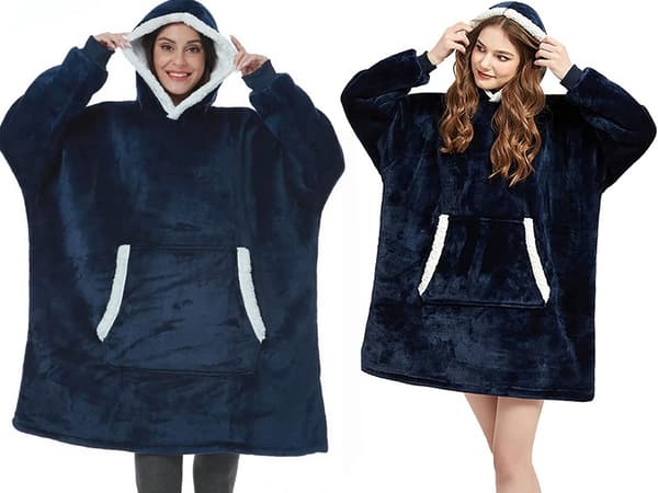 Filttröja med huva teddyfoder one size unisex navy blue