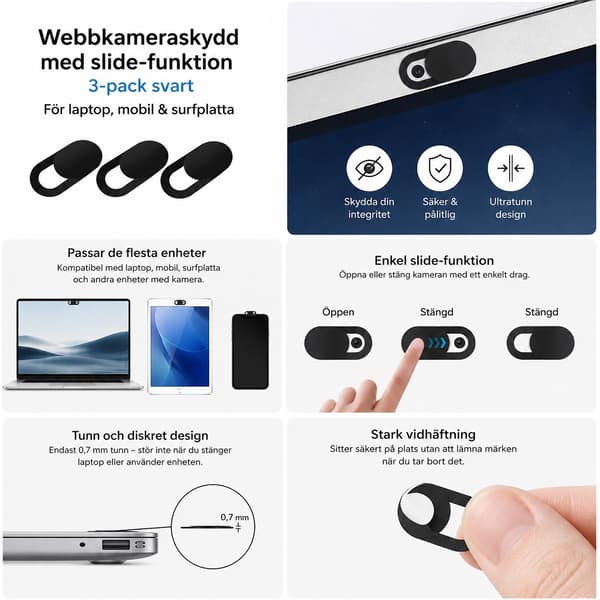 Webkameraafdækning med skydefunktion 3-pack sort til laptop/mobil/tablet