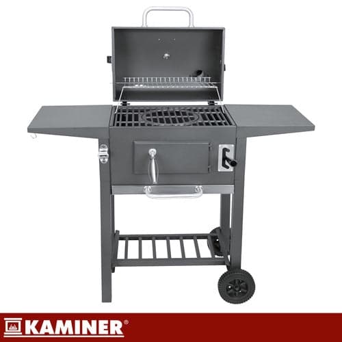 Kulgrill med låg og termometer, støbejernsrist, overtræk, sort