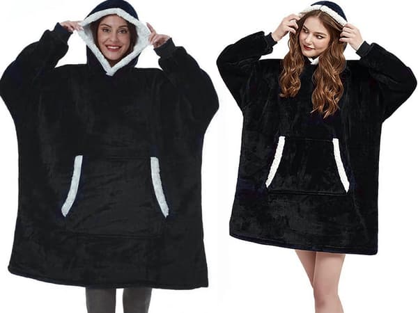 Fleecetröja med huva teddyfoder svart one size oversize XXL