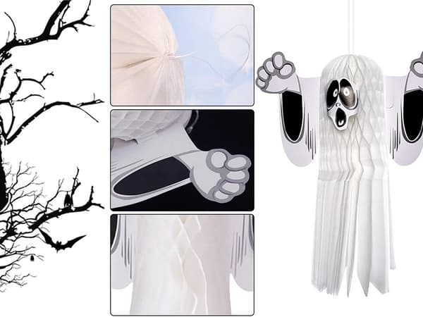 Hängande Halloween-spöke i papper 3D vit 51 cm
