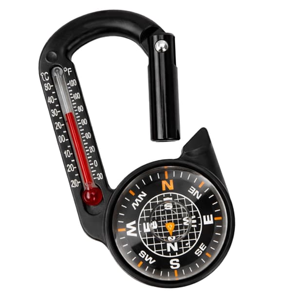 Karabinhage med kompas og analog termometer sort 7,3 cm